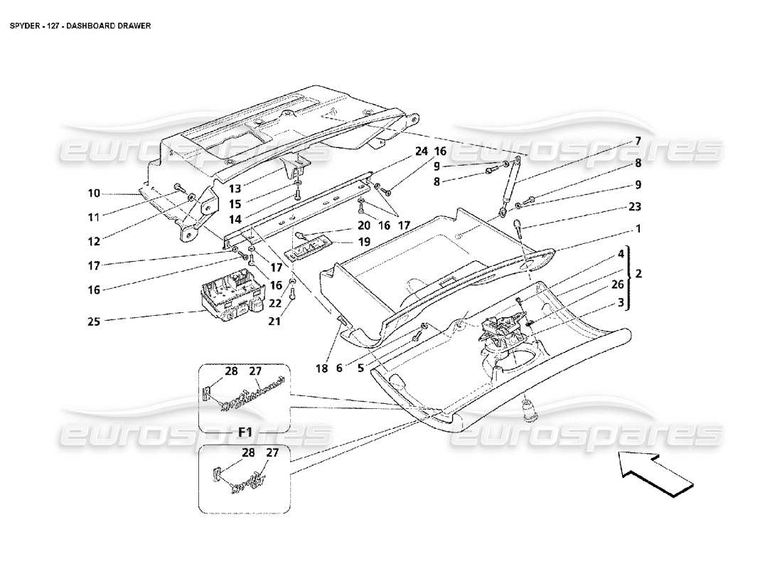 maserati 4200 spyder (2002) dashboard drawer part diagram