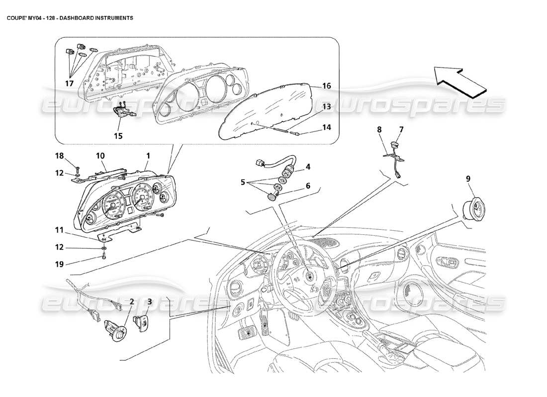 maserati 4200 coupe (2004) dashboard instruments parts diagram