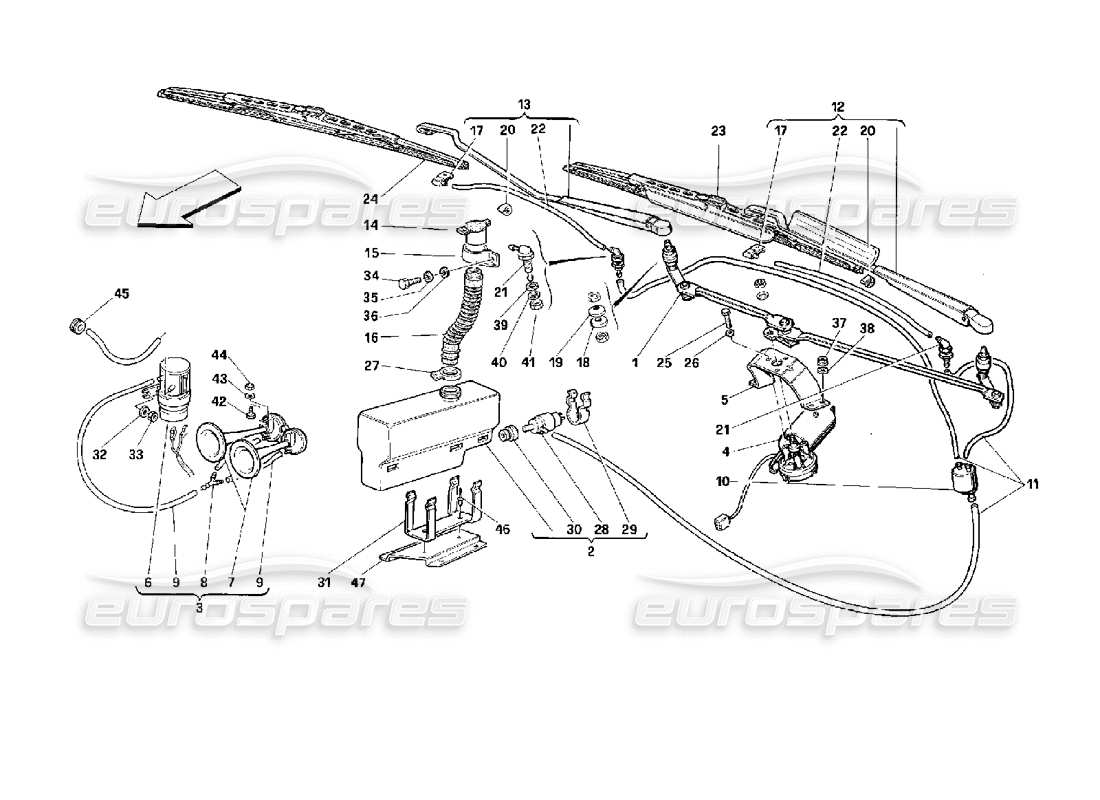 ferrari 512 m windshield wiper, washer and horns parts diagram