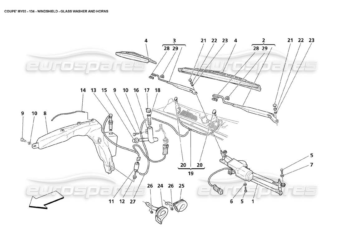 maserati 4200 coupe (2003) windshield - glass washer and horns parts diagram