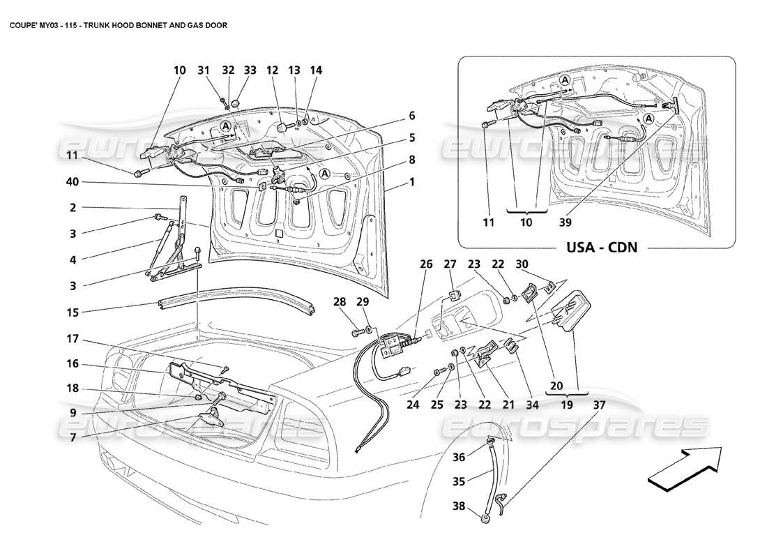 maserati 4200 coupe (2003) trunk hood bonnet and gas door part diagram