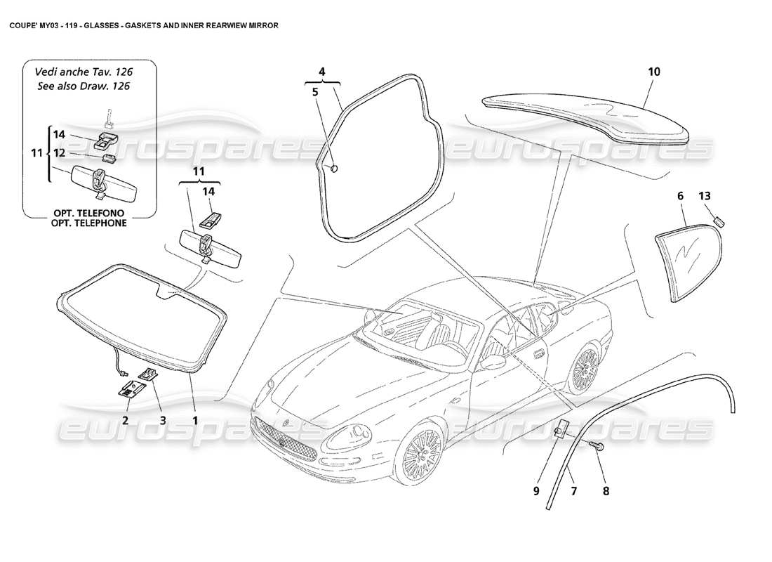 maserati 4200 coupe (2003) glasses - gaskets and inner rearview mirror part diagram