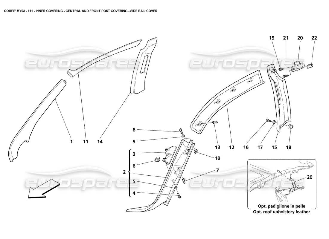 maserati 4200 coupe (2003) inner covering - central and front post covering - side rail cover parts diagram