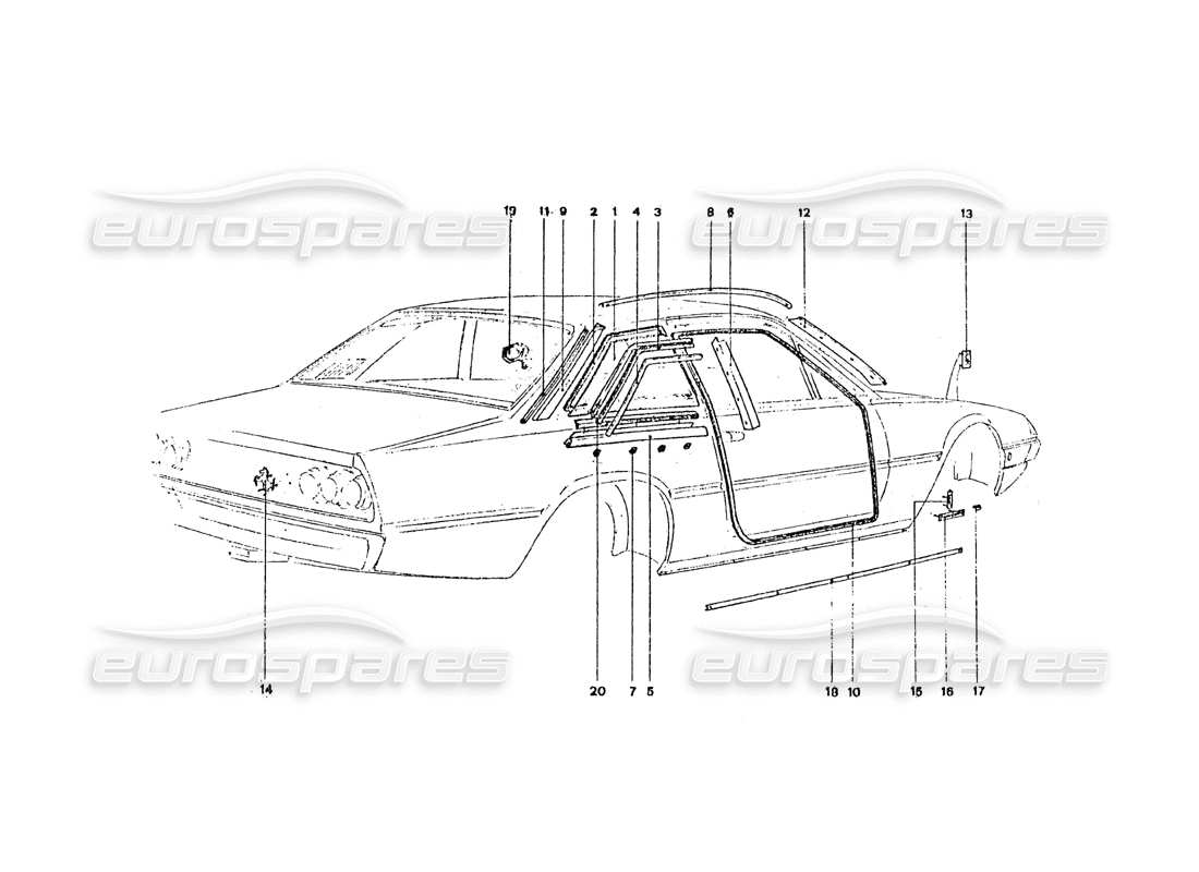a part diagram from the ferrari 365 gt4 2+2 coachwork parts catalogue