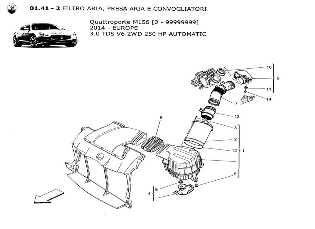 a part diagram from the Maserati QTP. V6 3.0 TDS 250bhp 2014 parts catalogue