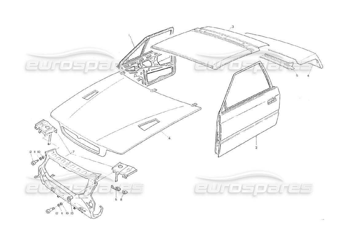 maserati shamal bodywork - f. side, roof p. doors hoods parts diagram