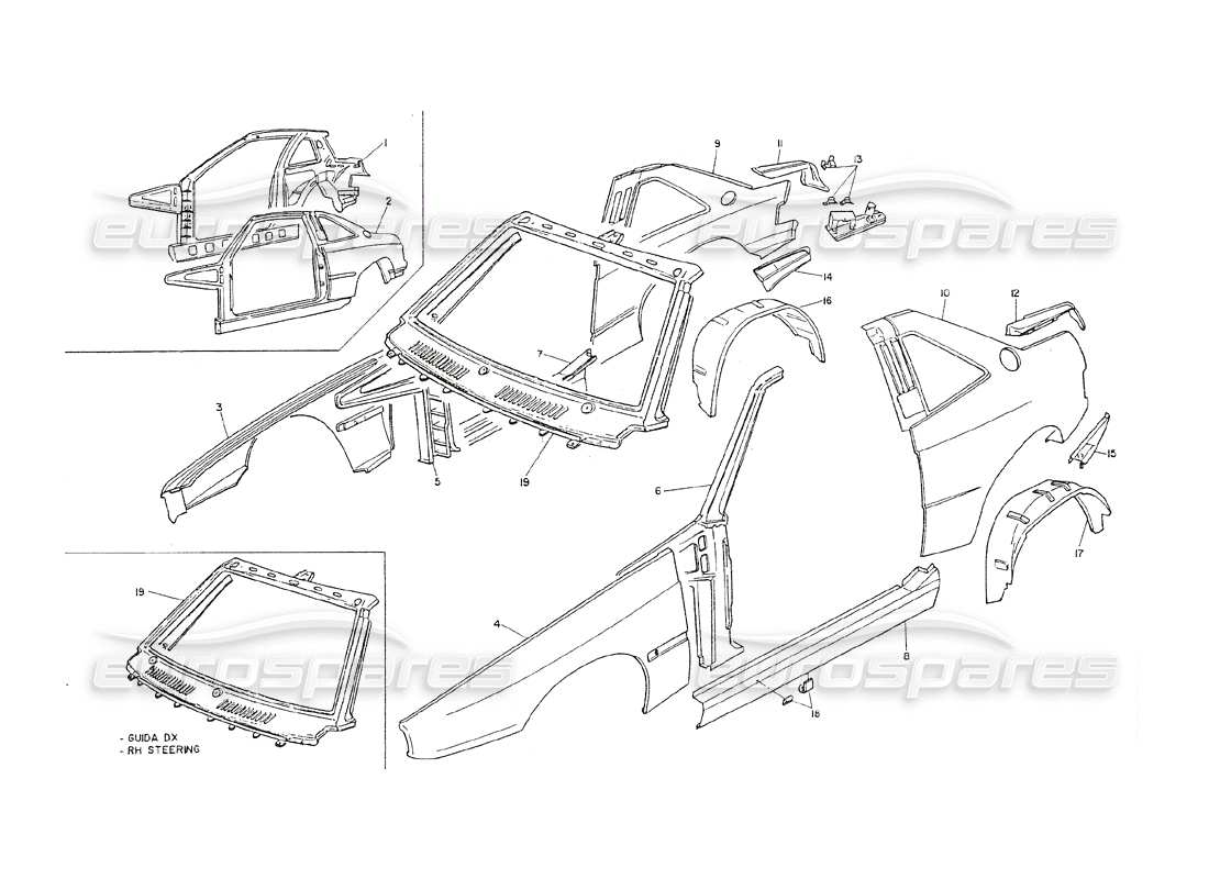 maserati shamal bodywork - external panels parts diagram