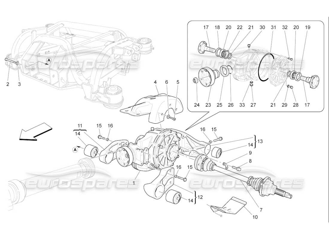 maserati qtp. (2010) 4.7 auto differential and rear axle shafts parts diagram