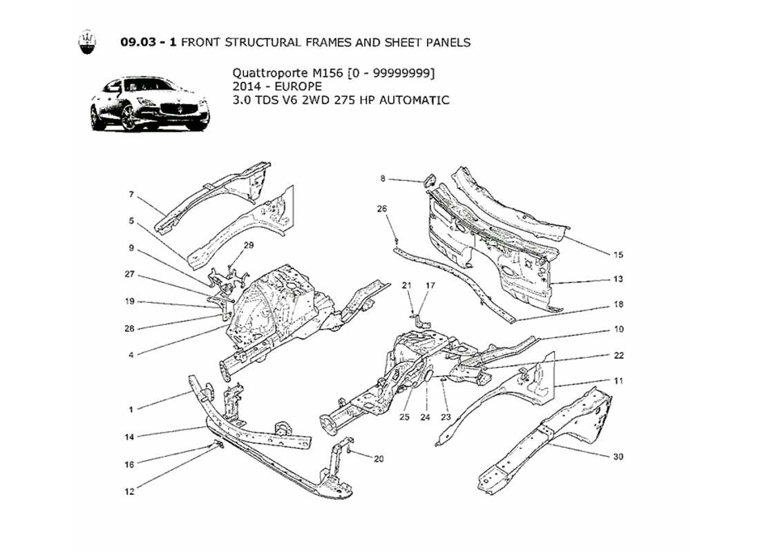 maserati qtp. v6 3.0 tds 275bhp 2014 front structural frames and sheet panels part diagram