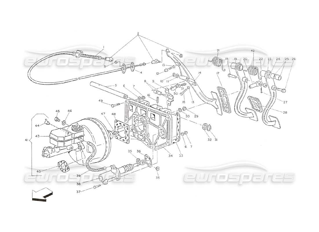 maserati shamal pedal board, power brake, clutch pump parts diagram