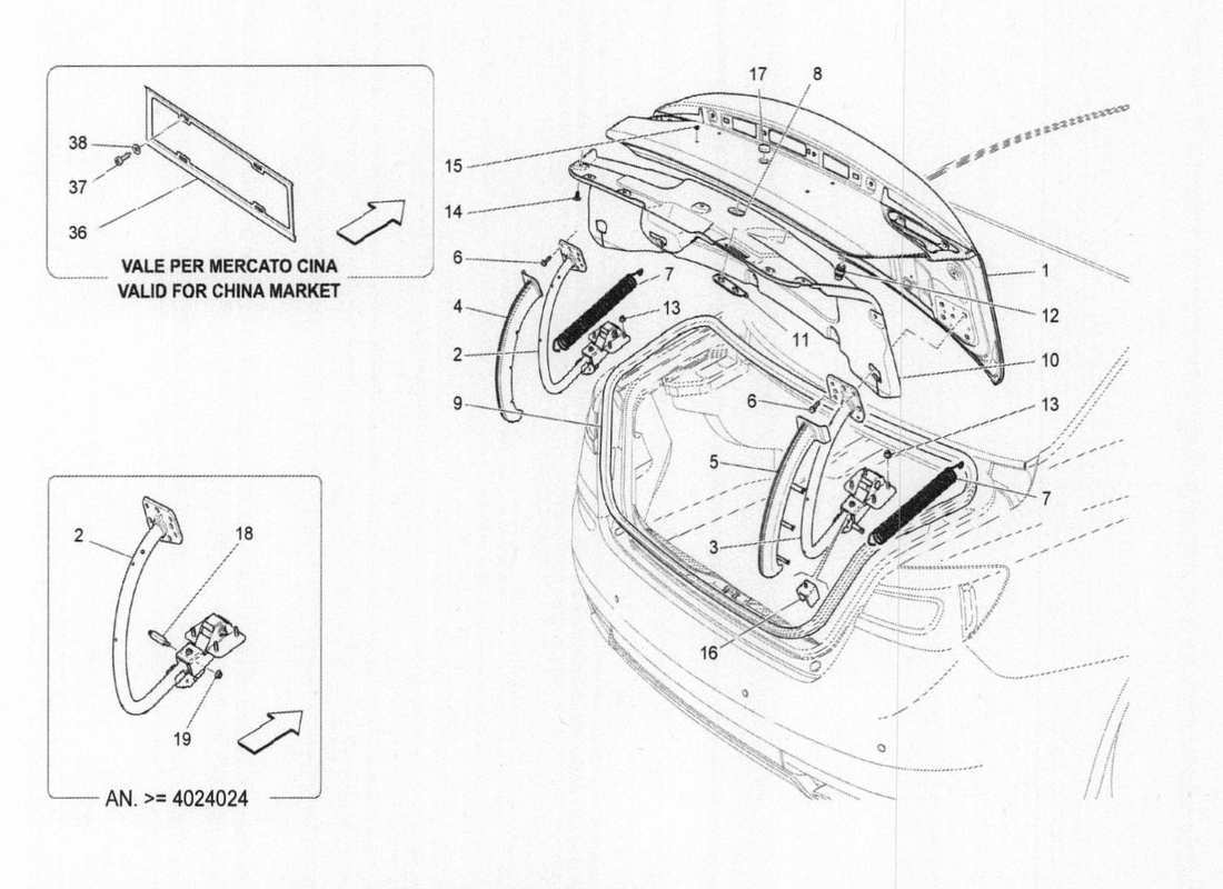 maserati qtp. v6 3.0 tds 275bhp 2017 rear lid parts diagram