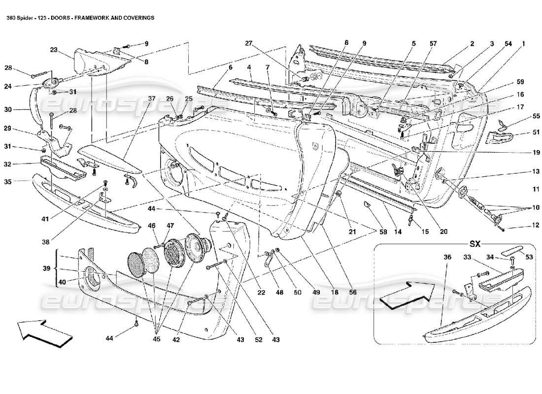 ferrari 360 spider doors - framework and coverings parts diagram