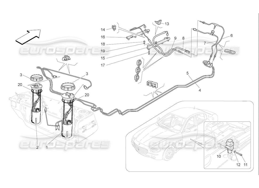 maserati qtp. (2006) 4.2 f1 fuel pumps and connection lines part diagram