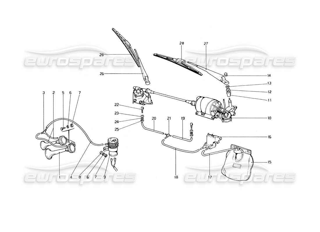 ferrari 246 dino (1975) windshield wiper, washer and horn parts diagram