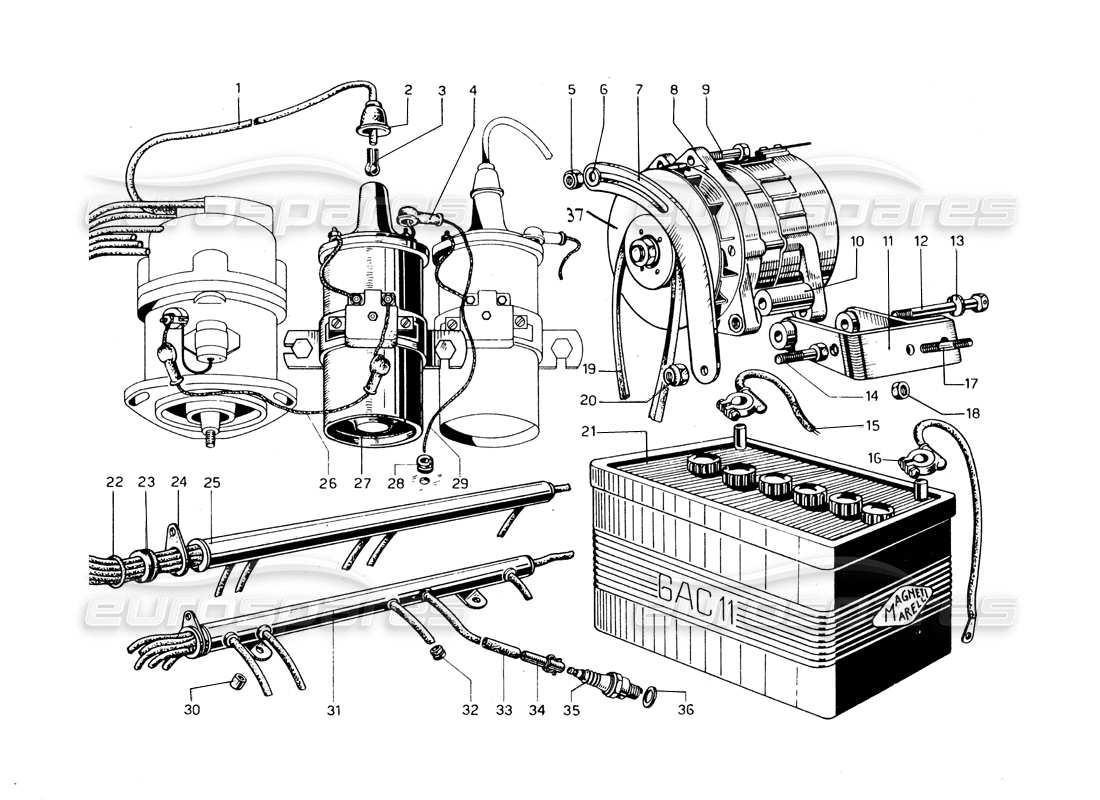 ferrari 275 gtb/gts 2 cam generator - battery & coils parts diagram