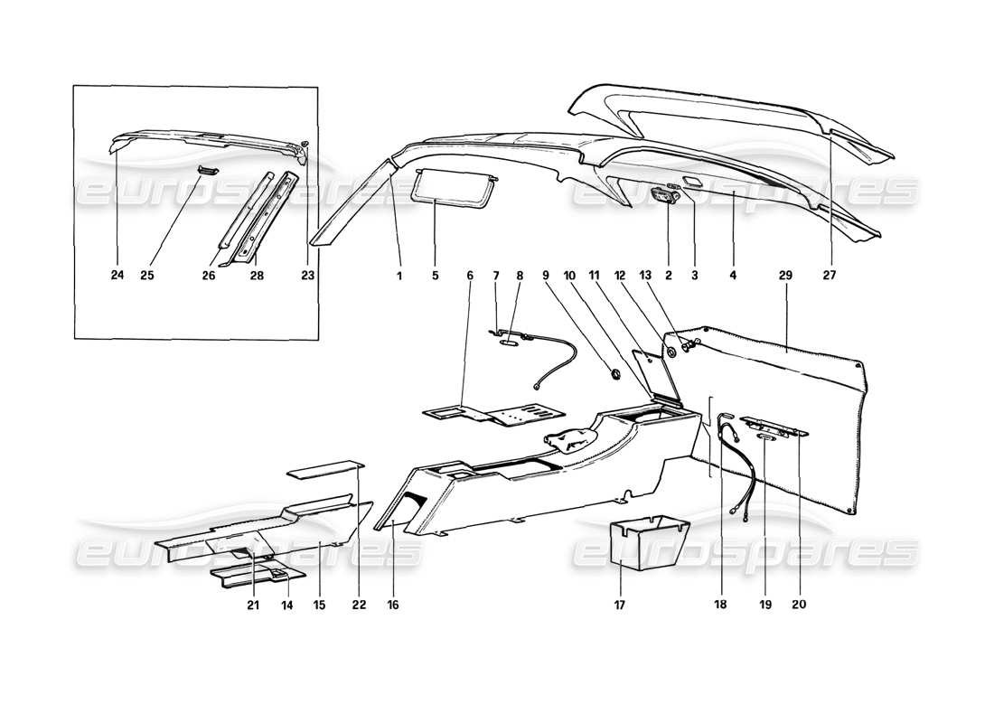 ferrari 308 gtb (1980) tunnel and roof parts diagram