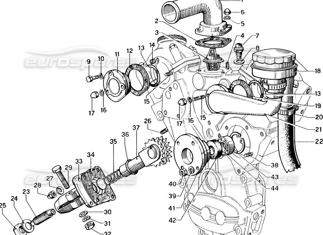 ferrari 330 gtc coupe timing tensioner & thermostat parts diagram