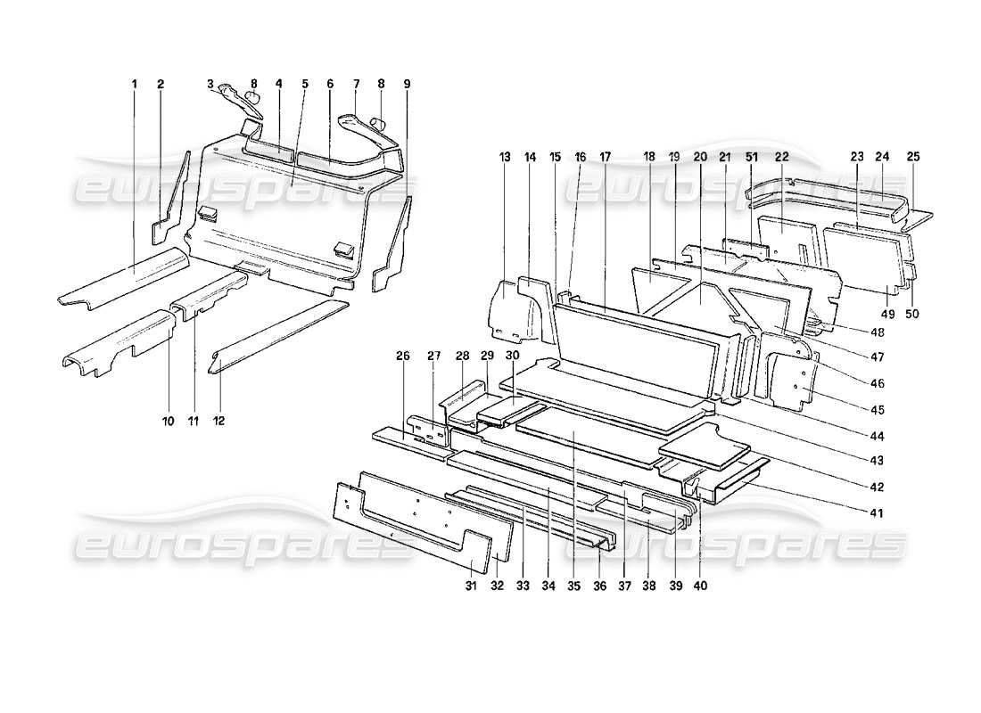 ferrari 208 turbo (1989) luggage and passenger compart. insulation parts diagram