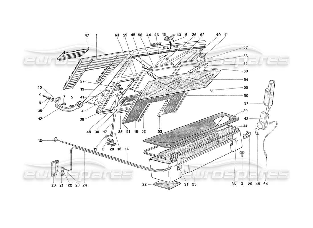 ferrari 208 turbo (1989) rear bonnet and luggagr compartment covering parts diagram