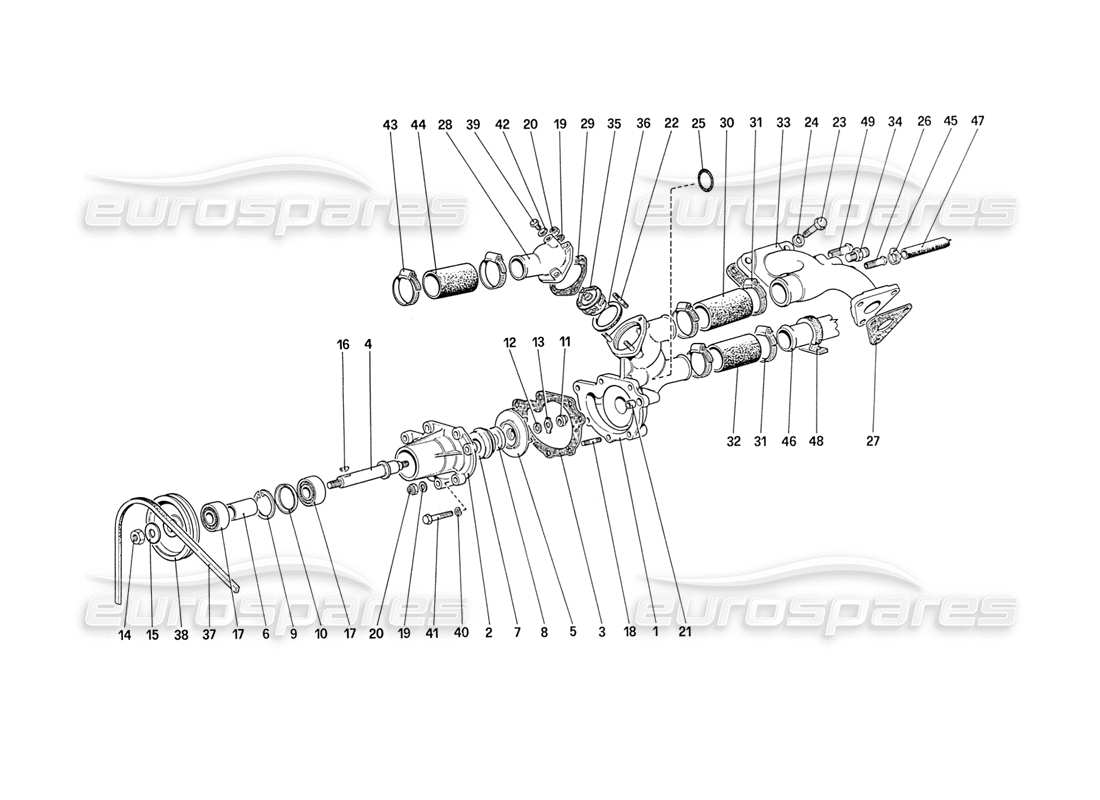 ferrari 208 turbo (1989) water pump and pipings parts diagram