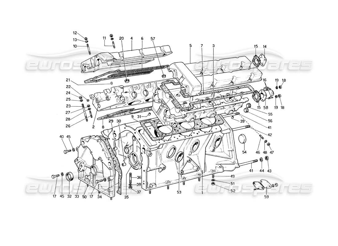 ferrari 246 dino (1975) crankcase and cylinder heads parts diagram