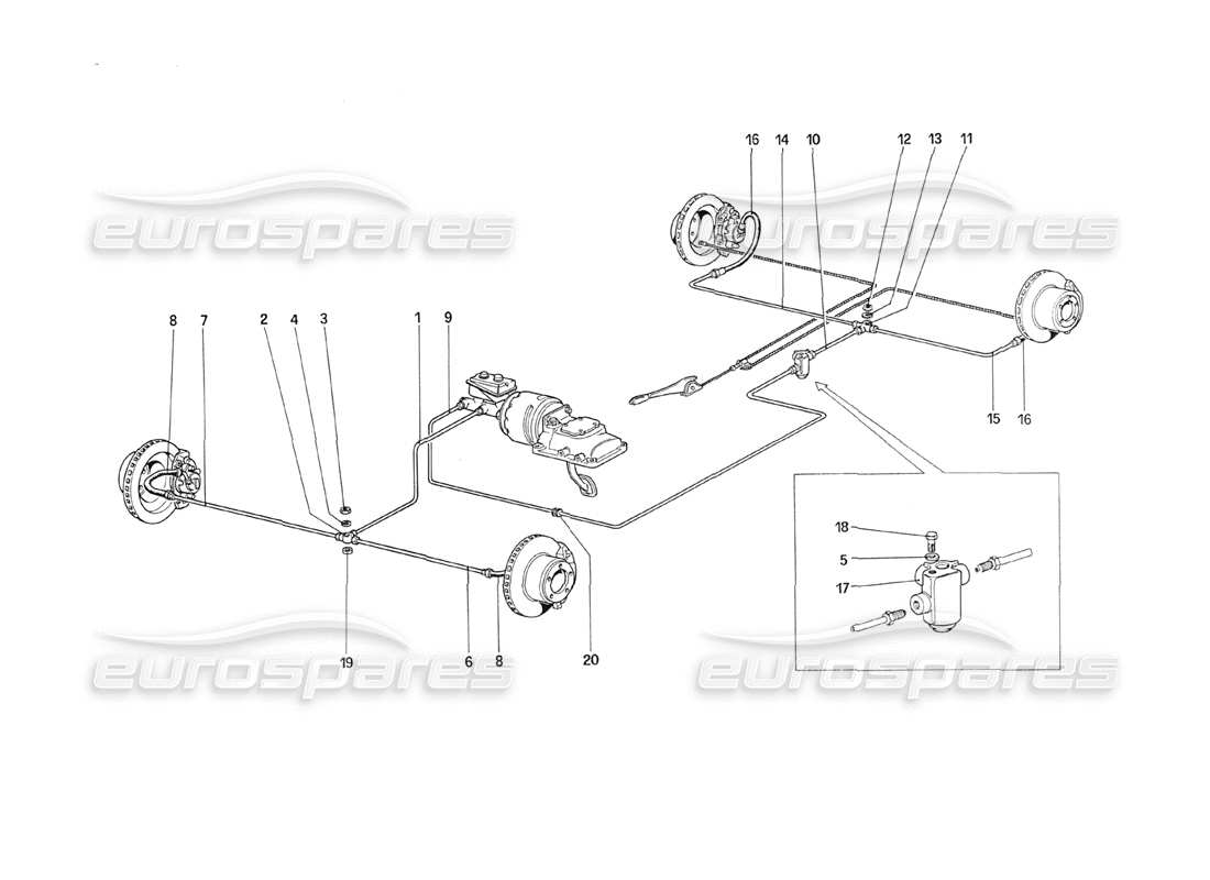 ferrari 208 turbo (1989) brake system (for car without antiskid system) parts diagram