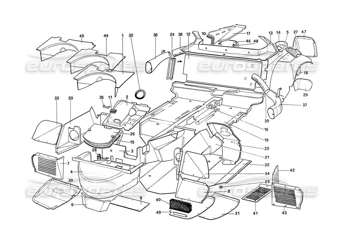 ferrari 208 turbo (1989) body shell - inner elements parts diagram
