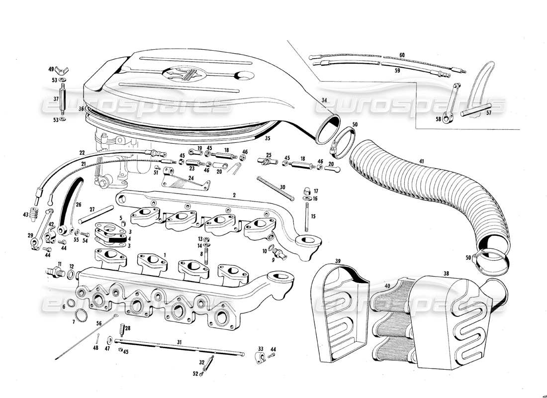 maserati qtp.v8 4.7 (s1 & s2) 1967 air intake manfold and filter parts diagram