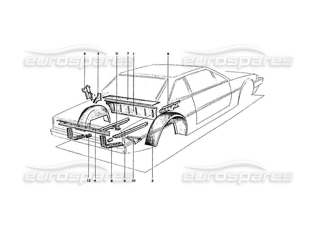 ferrari 365 gt4 2+2 coachwork rear inner sheils & panels parts diagram