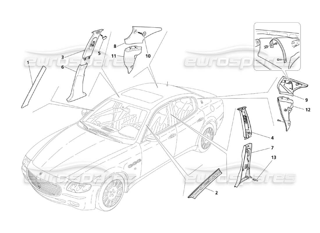 maserati qtp. (2003) 4.2 side flank and passengers compartment pillar upholstery parts diagram