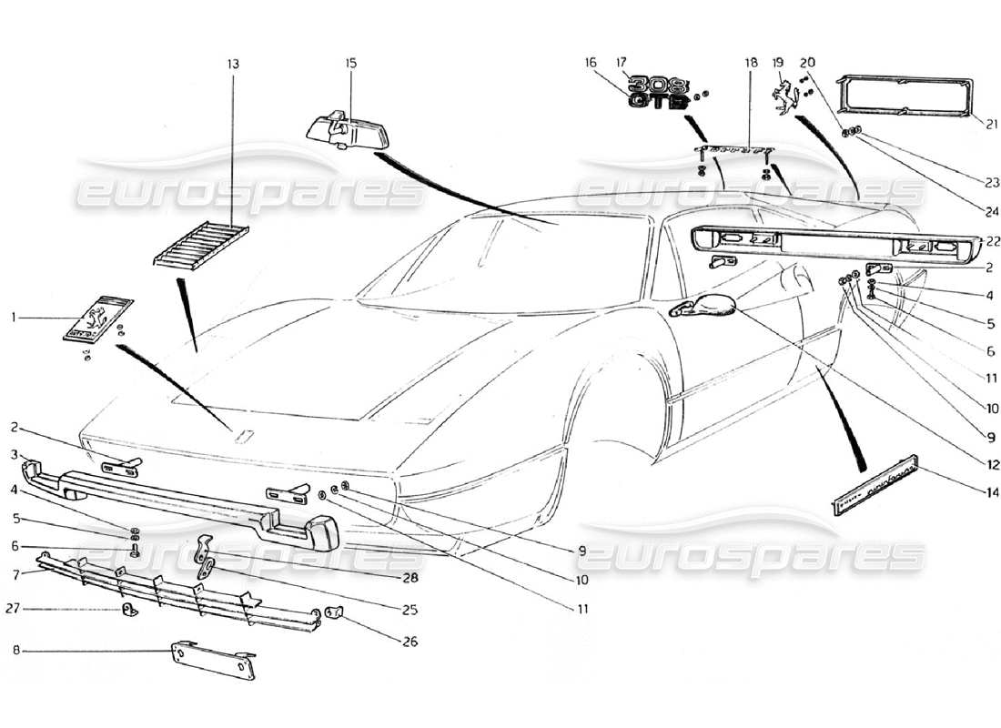 ferrari 308 gtb (1976) bumpers and mouldings parts diagram