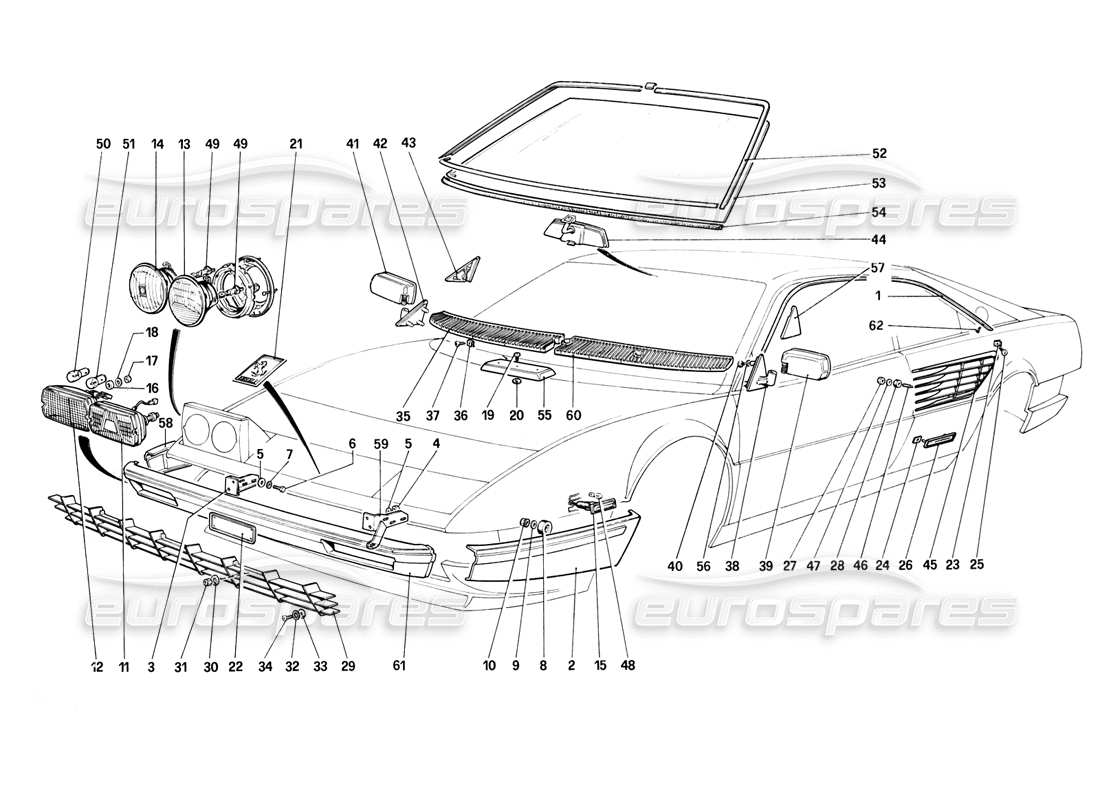 ferrari mondial 8 (1981) bumpers, headlamps and front glasses parts diagram