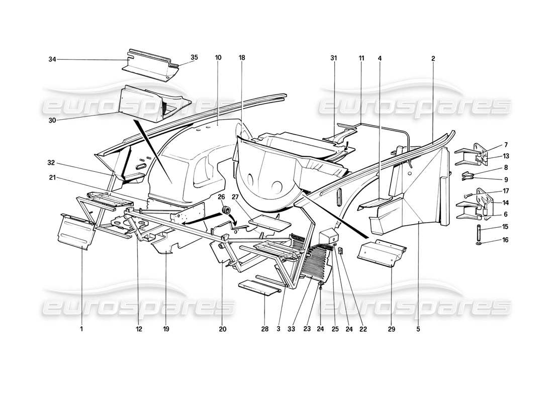 ferrari mondial 8 (1981) body shell - inner elements parts diagram