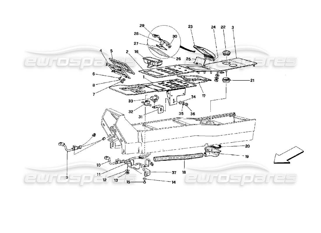 ferrari mondial 3.4 t coupe/cabrio tunnel - components - coupe parts diagram