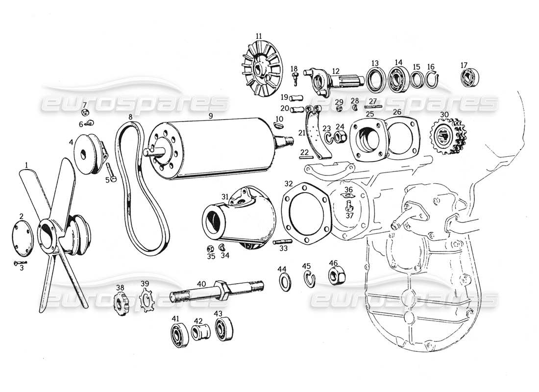 ferrari 250 gte (1957) dynamo and fan part diagram