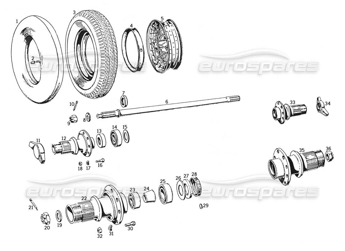 ferrari 250 gte (1957) wheels, hubs, axle shafts part diagram