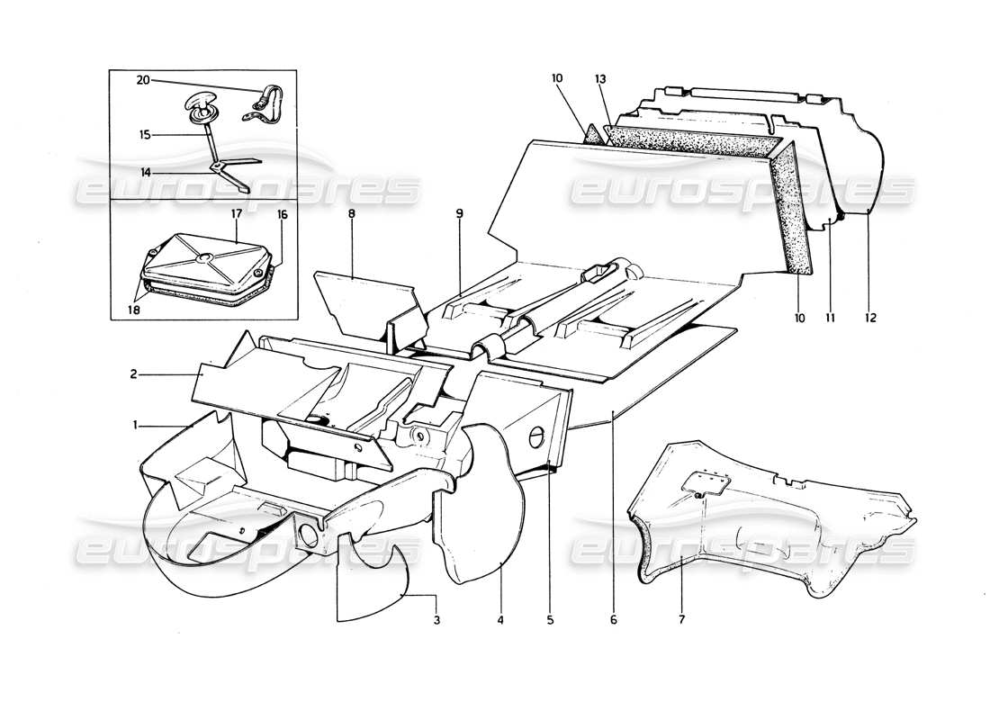 ferrari 246 dino (1975) body shell - inner elements parts diagram