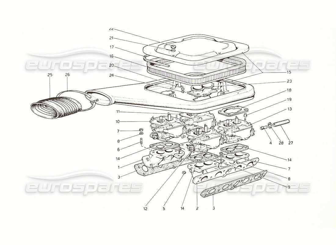 ferrari 308 gt4 dino (1976) carburettors and air cleaner part diagram