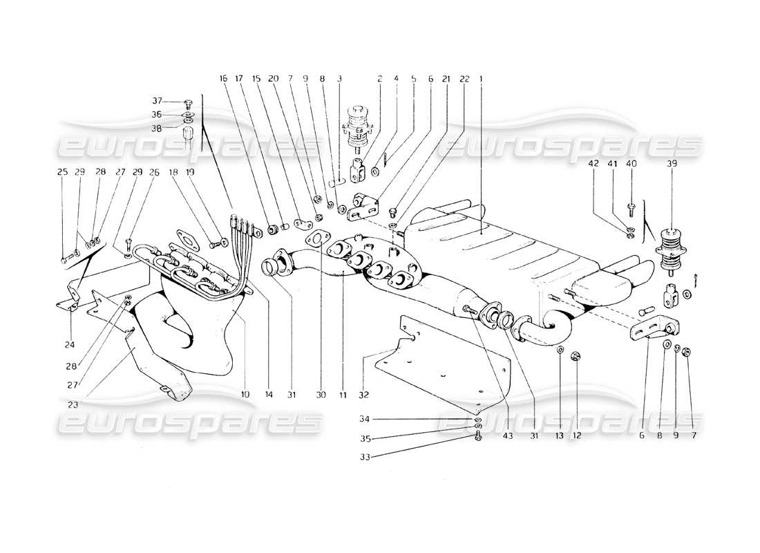 ferrari 308 gt4 dino (1979) exhaust system (variants for usa - aus and j version) parts diagram