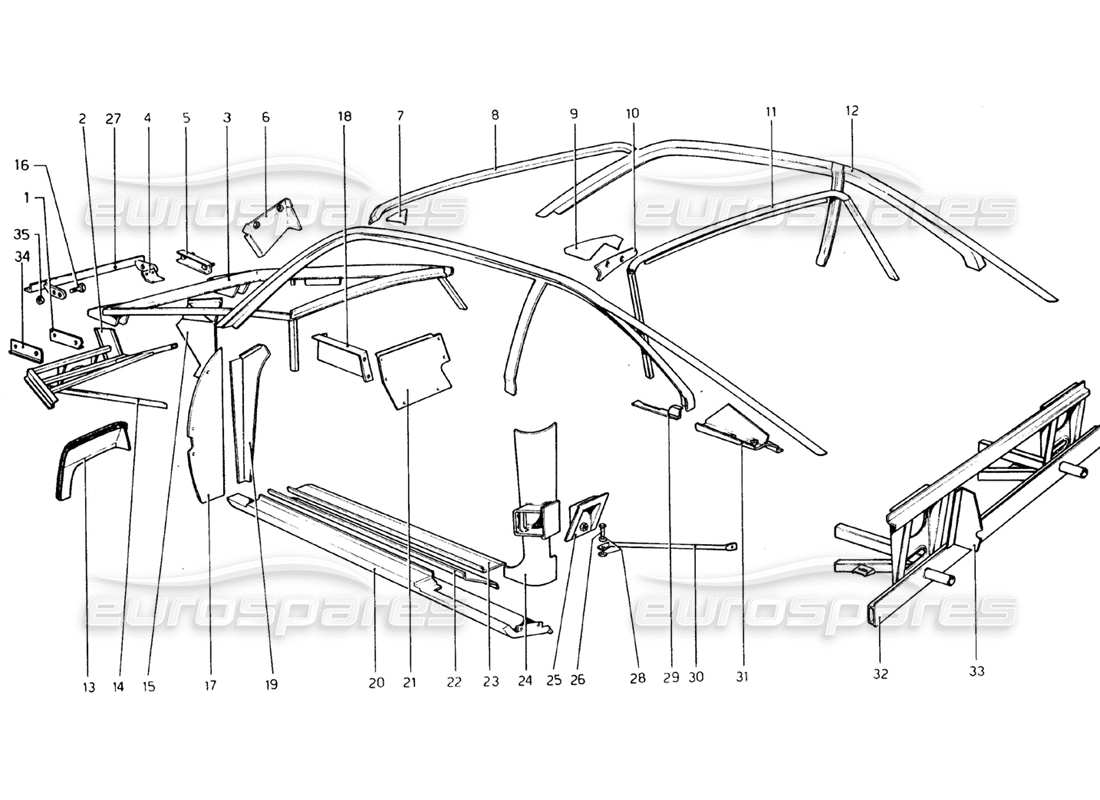 ferrari 308 gtb (1976) body shell - inner elements parts diagram