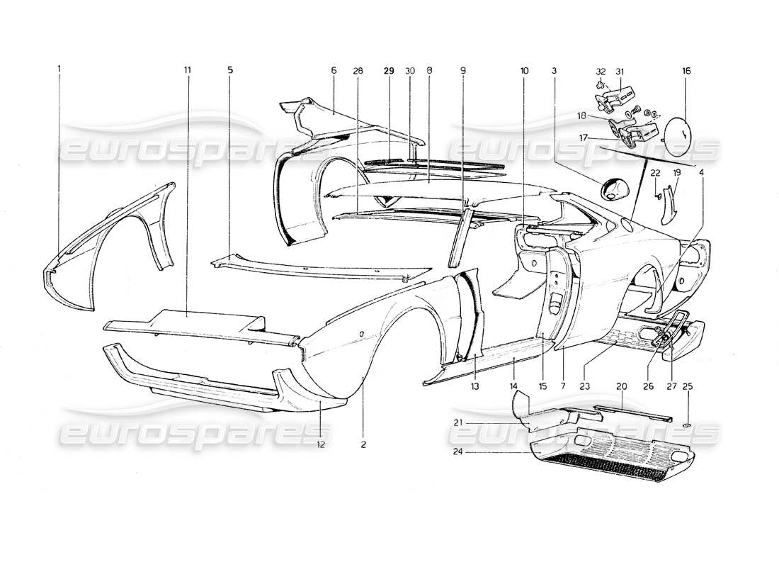 ferrari 308 gt4 dino (1979) body shell - outer elements parts diagram