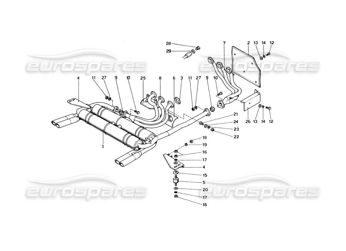 ferrari 246 dino (1975) exhaust pipes assembly parts diagram