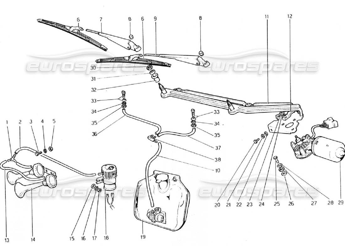 ferrari 308 gtb (1976) windshield wiper, washer and horn parts diagram