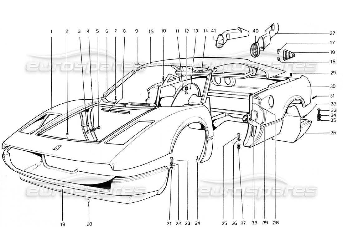 ferrari 308 gtb (1976) body shell - outer elements parts diagram