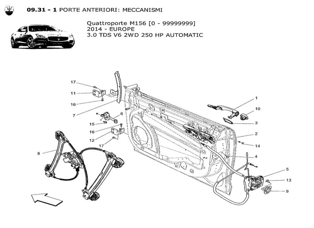 maserati qtp. v6 3.0 tds 250bhp 2014 front doors: mechanisms part diagram