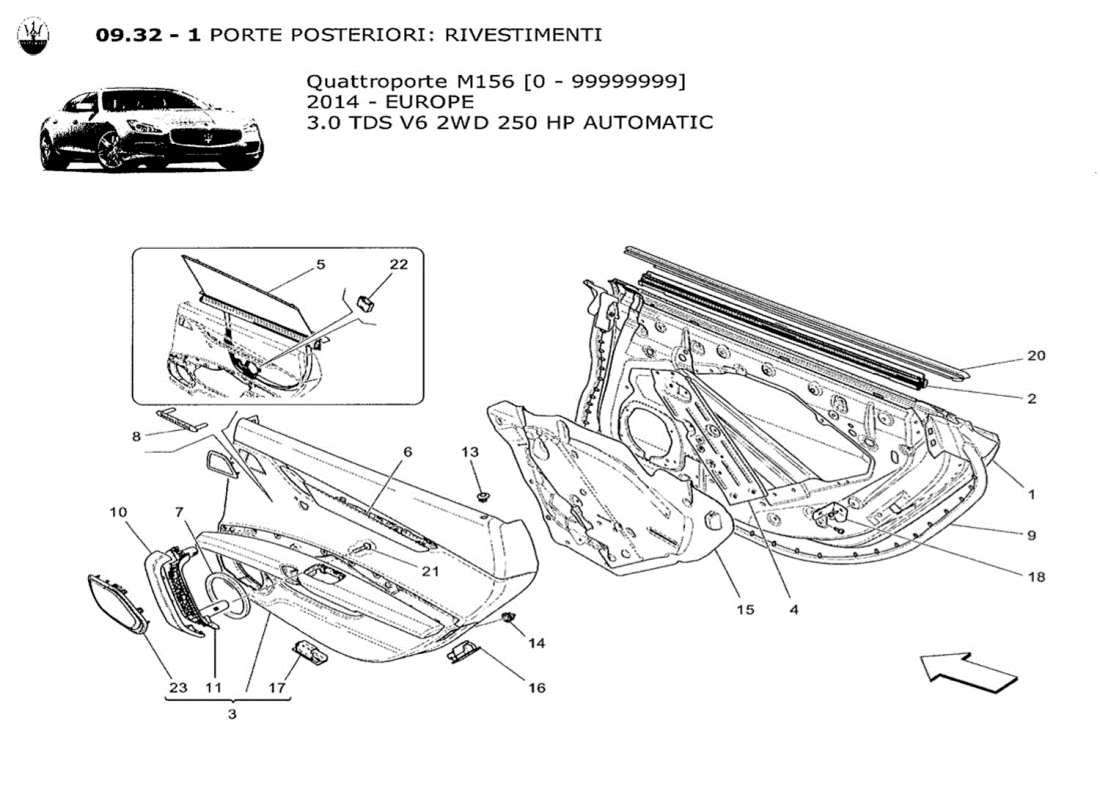 maserati qtp. v6 3.0 tds 250bhp 2014 rear doors: trim panels parts diagram