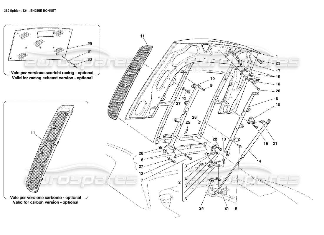 ferrari 360 spider engine bonnet parts diagram