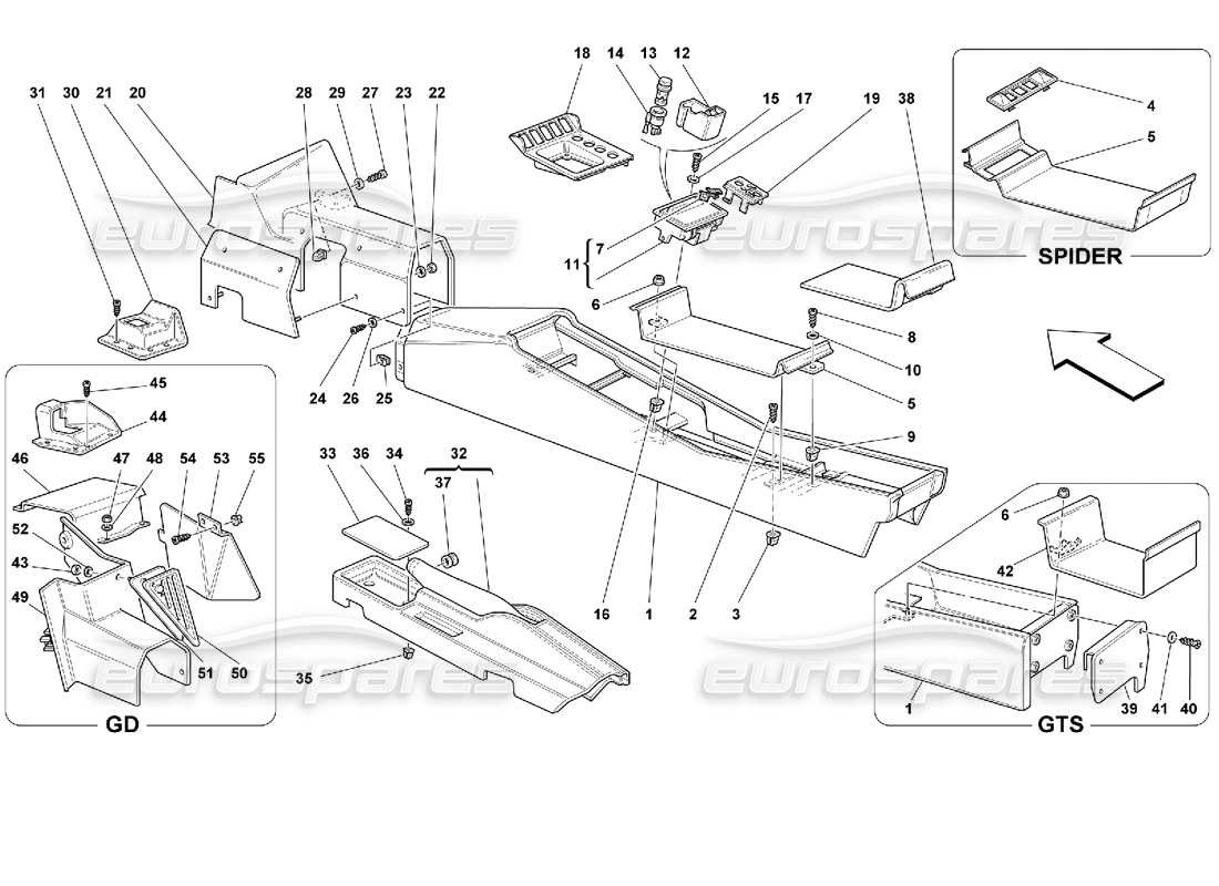 ferrari 355 (2.7 motronic) tunnel - framework and accessories parts diagram