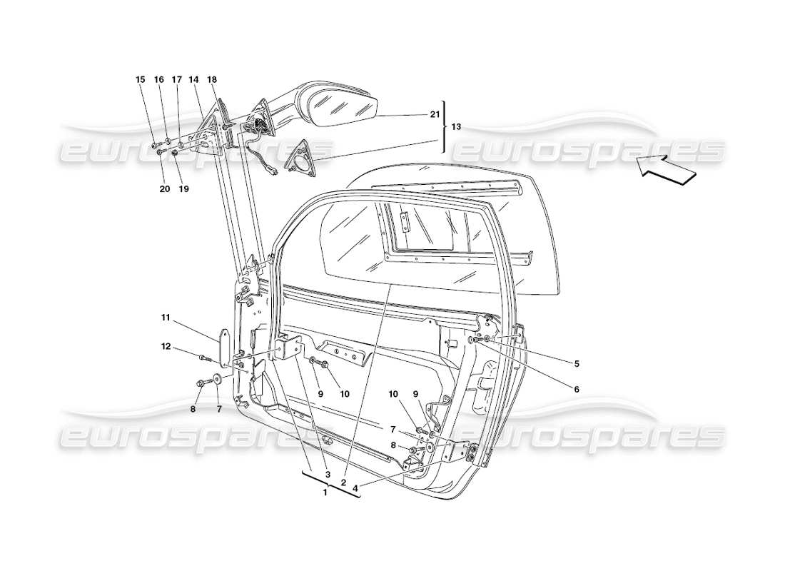 ferrari 430 challenge (2006) doors - window and rearview mirror parts diagram