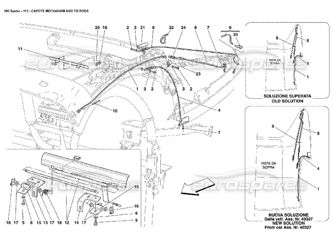 ferrari 360 spider capote mechanism and tie rods parts diagram